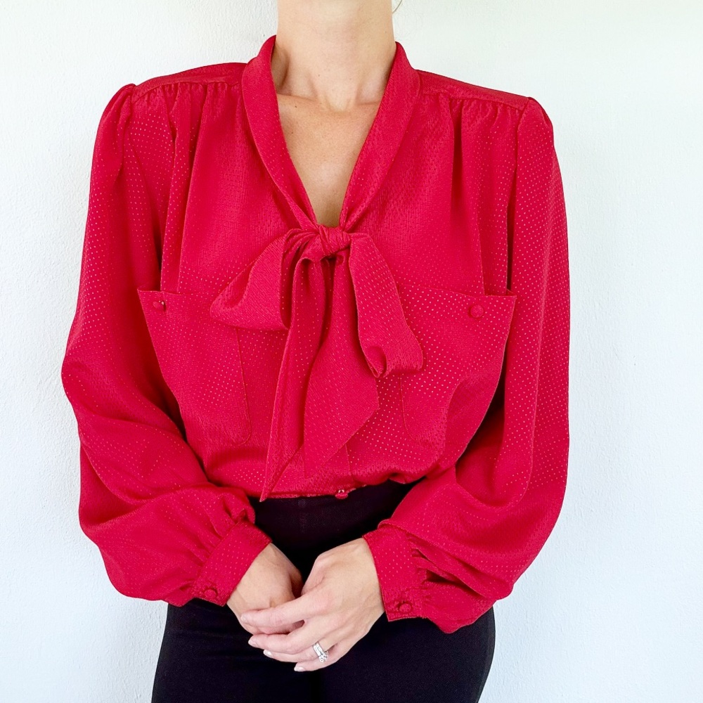 Vintage rejoice red satin Swiss dot tie neck button long sleeve blouse size 18W